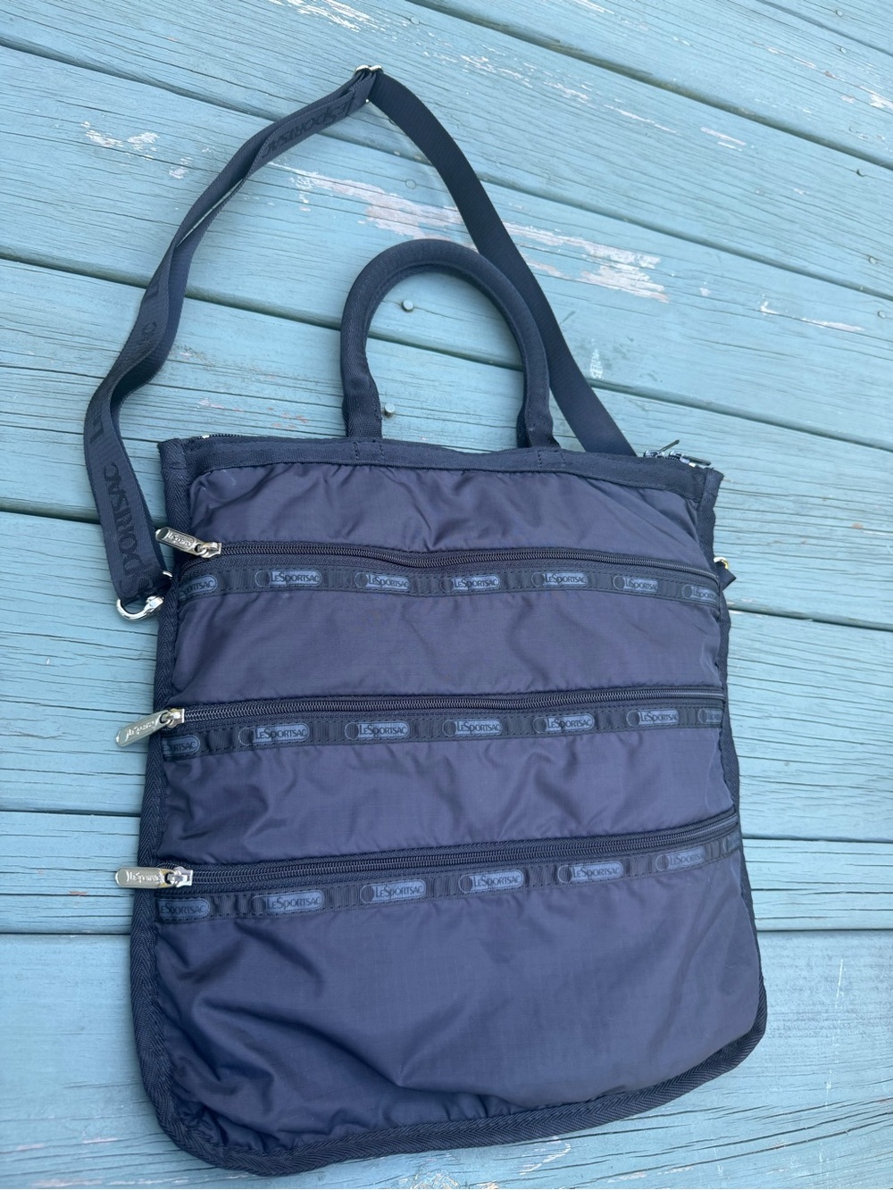 LeSportsac Black Nylon Crossbody Tote Shoulder Bag Multi Zip